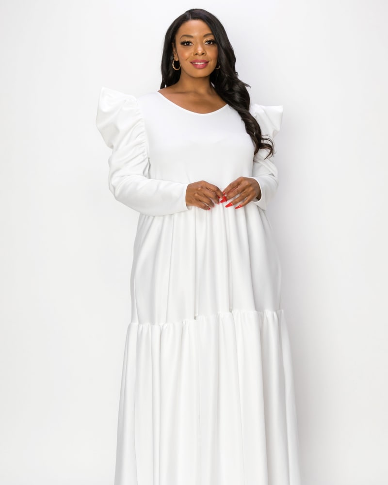 Front of a model wearing a size 22|24 Alice Tiered Maxi Dress in Ivory by L I V D. | dia_product_style_image_id:258025